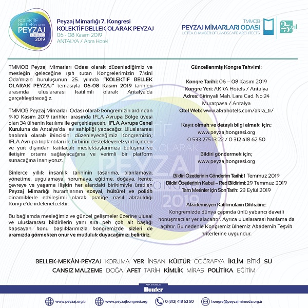 PEYZAJ MİMARLIĞI 7. KONGRESİ BİLDİRİ ÖZET GÖNDERİM TARİHİ UZATILMIŞTIR -  KONGRE ÜCRETLERİ BELİRLENMİŞTİR