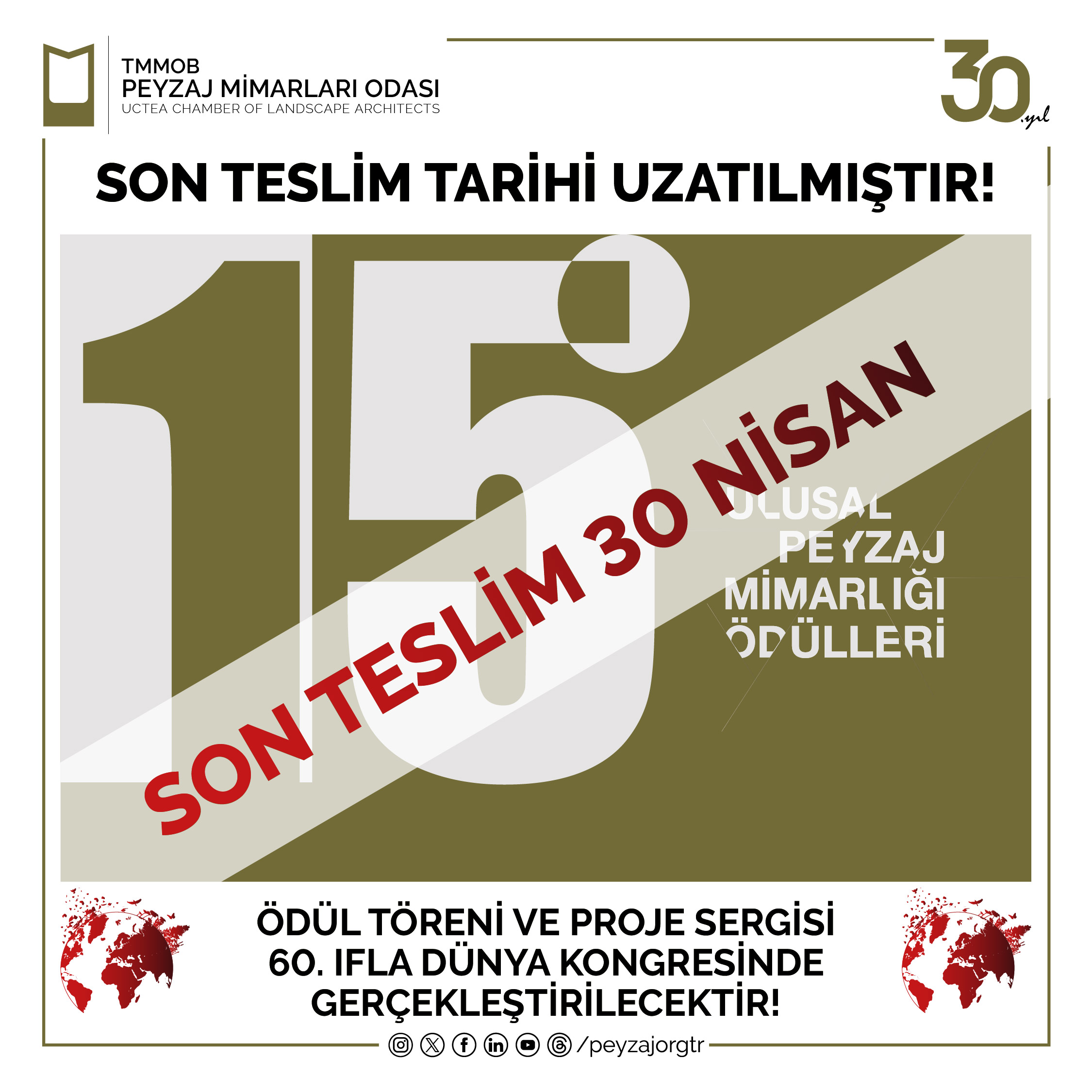 ÖDÜLLER | 15. ULUSAL PEYZAJ MİMARLIĞI ÖDÜLLERİ SON TESLİM TARİHİ UZATILMIŞTIR!