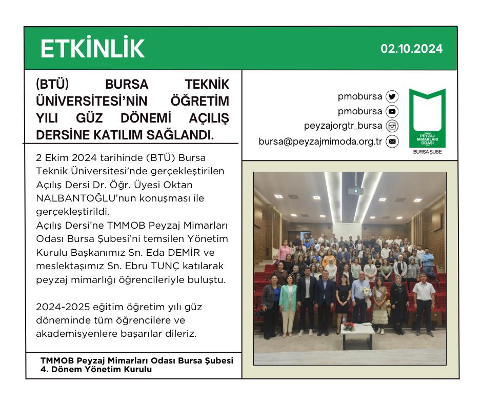 ETKİNLİK | (BTÜ) BURSA TEKNİK ÜNİVERSİTESİ’NİN 2024-2025 EĞİTİM ÖĞRETİM YILI GÜZ DÖNEMİ AÇILIŞ DERSİNE KATILIM SAĞLANDI.
