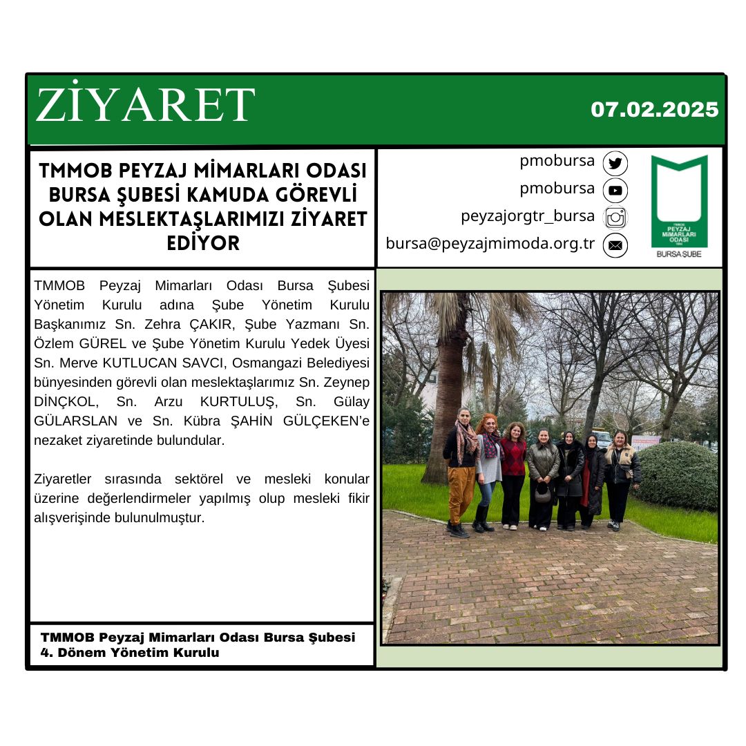 ZİYARET | TMMOB PEYZAJ MİMARLARI ODASI BURSA ŞUBESİ KAMUDA GÖREVLİ OLAN MESLEKTAŞLARIMIZI ZİYARET EDİYOR.