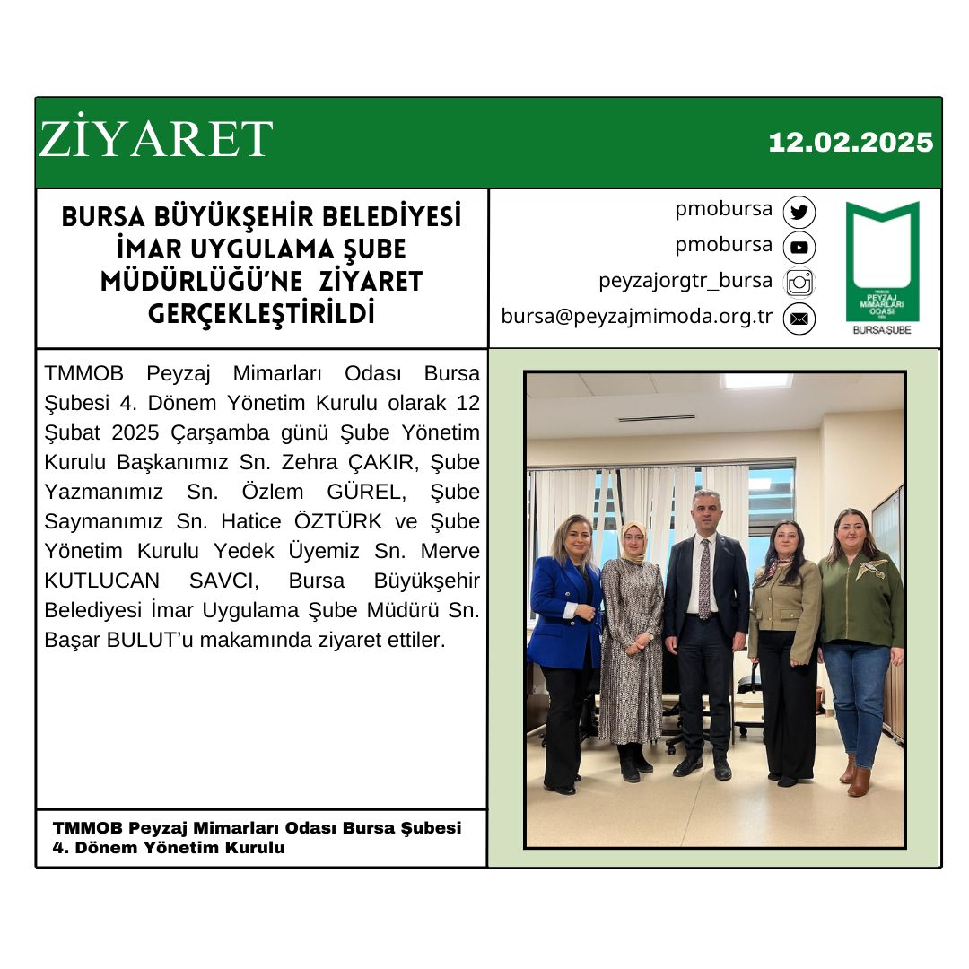 ZİYARET | BURSA BÜYÜKŞEHİR BELEDİYESİ İMAR UYGULAMA ŞUBE MÜDÜRLÜĞÜ’NE  ZİYARET GERÇEKLEŞTİRİLDİ.