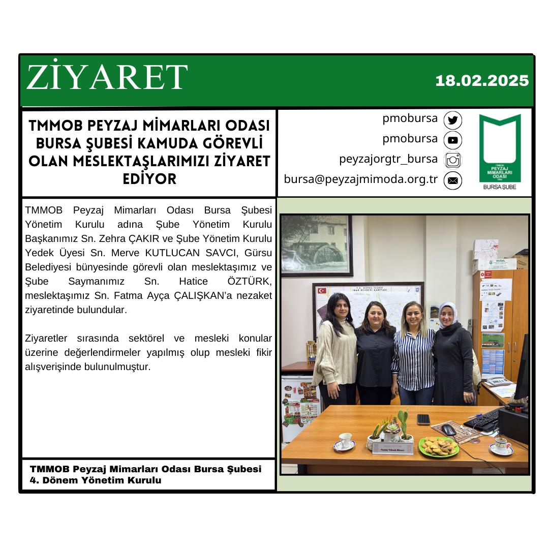 ZİYARET | TMMOB PEYZAJ MİMARLARI ODASI BURSA ŞUBESİ KAMUDA GÖREVLİ OLAN MESLEKTAŞLARIMIZI ZİYARET EDİYOR.