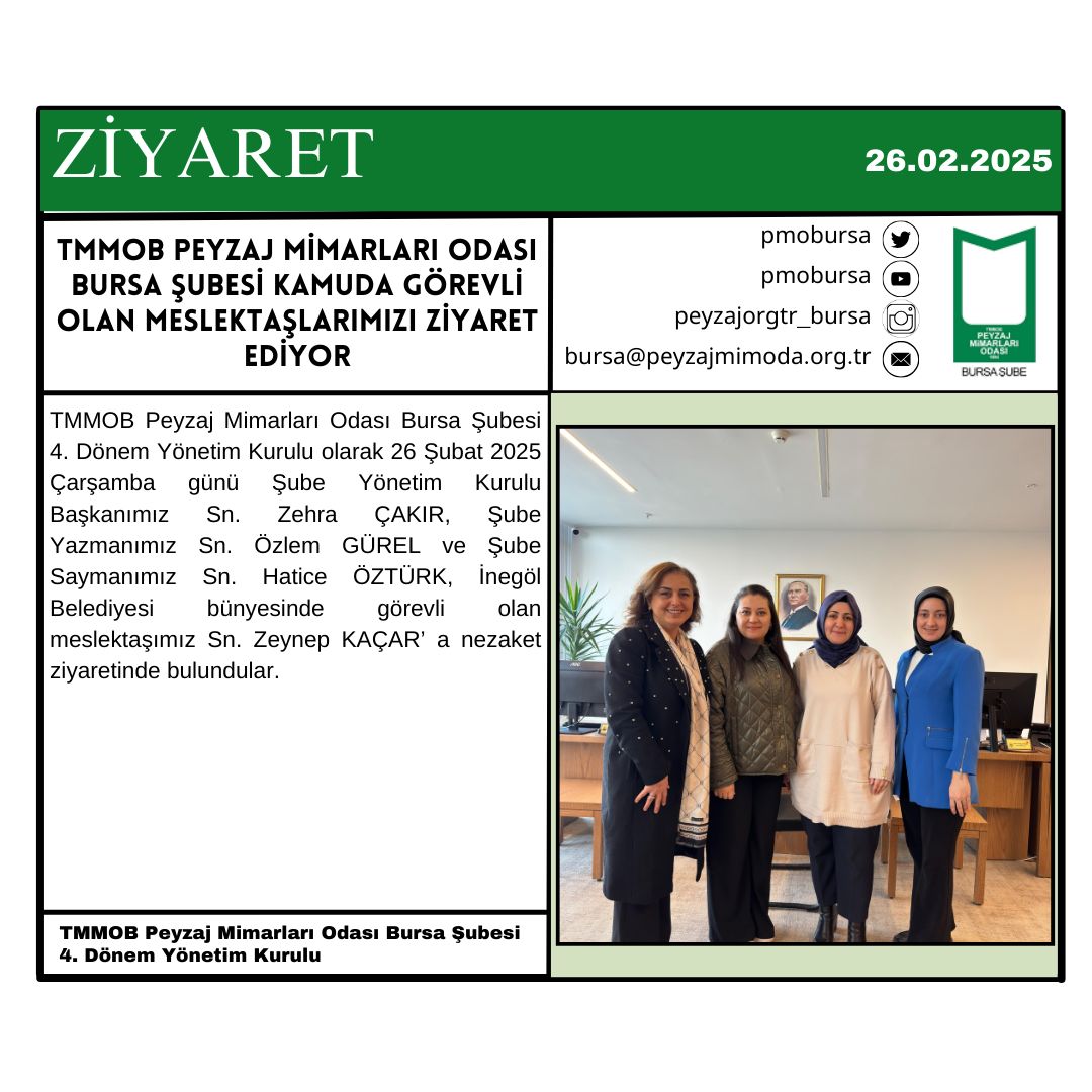 ZİYARET | TMMOB PEYZAJ MİMARLARI ODASI BURSA ŞUBESİ KAMUDA GÖREVLİ OLAN MESLEKTAŞLARIMIZI ZİYARET EDİYOR.