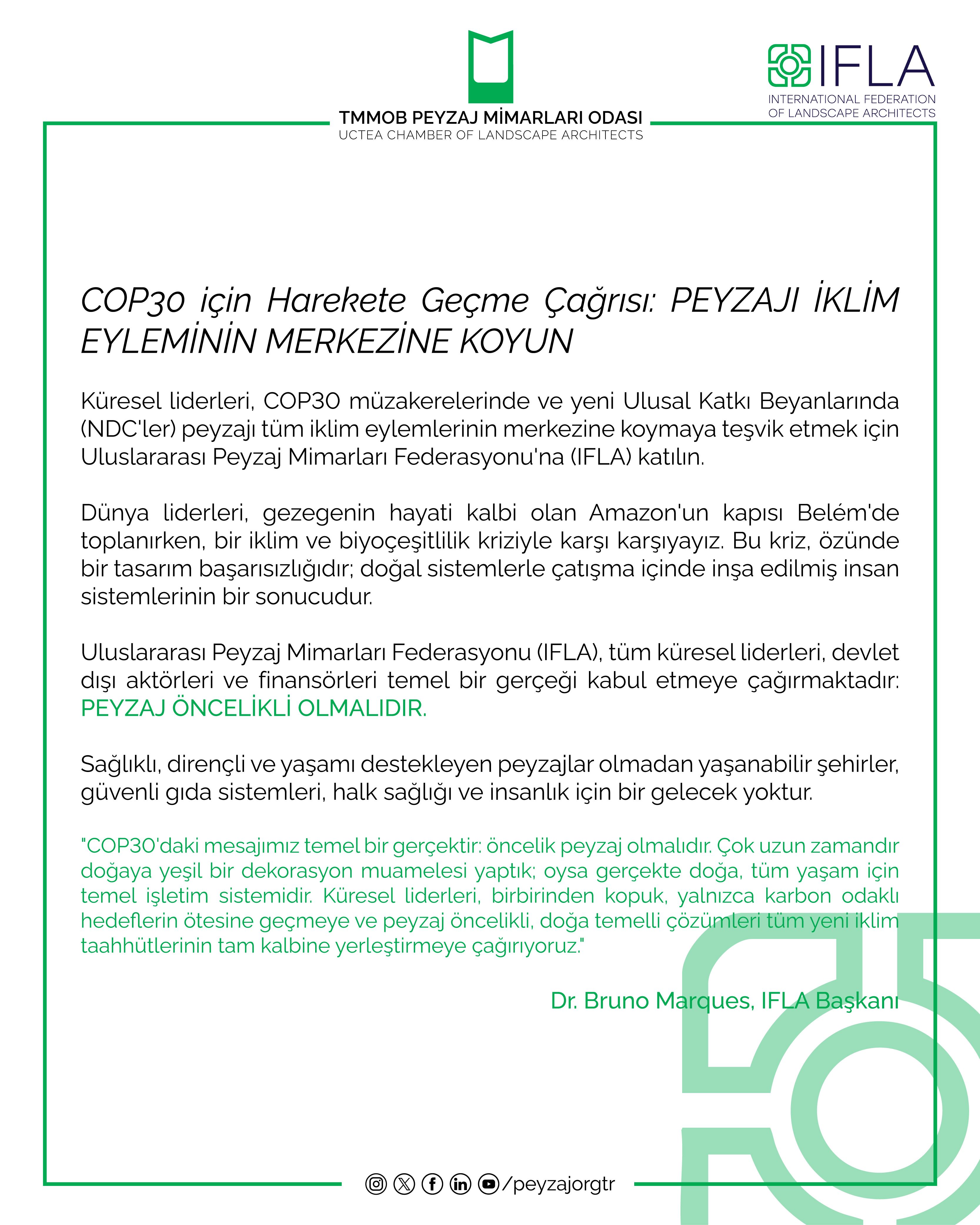 ULUSLARARASI ÇATI ÖRGÜTÜMÜZ IFLA TARAFINDAN COP30 ÖNCESİ İKLİM BİLDİRİSİ YAYINLADI