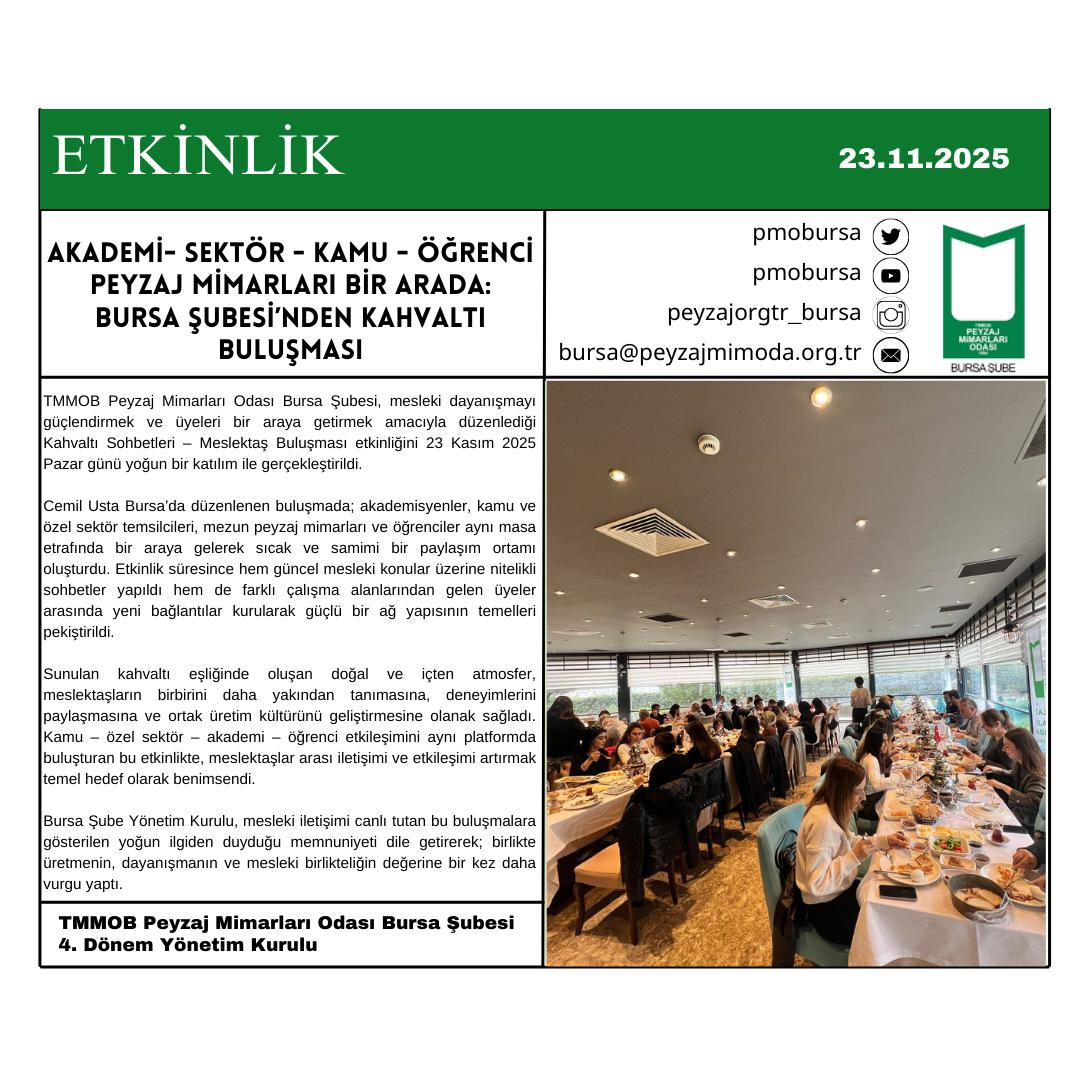 ETKİNLİK| AKADEMİ- SEKTÖR - KAMU - ÖĞRENCİ PEYZAJ MİMARLARI BİR ARADA: BURSA ŞUBESİ’NDEN KAHVALTI BULUŞMASI