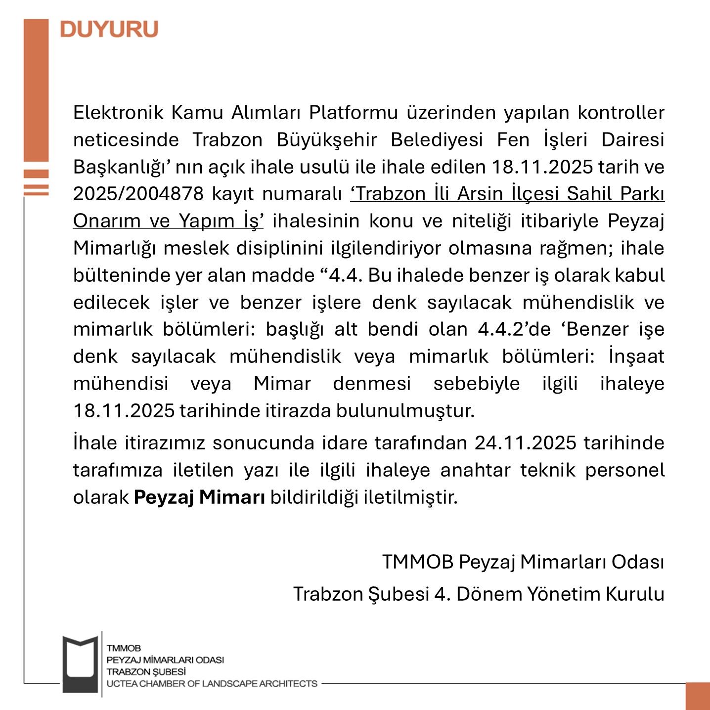 DUYURU | İHALE İTİRAZ SONUCU