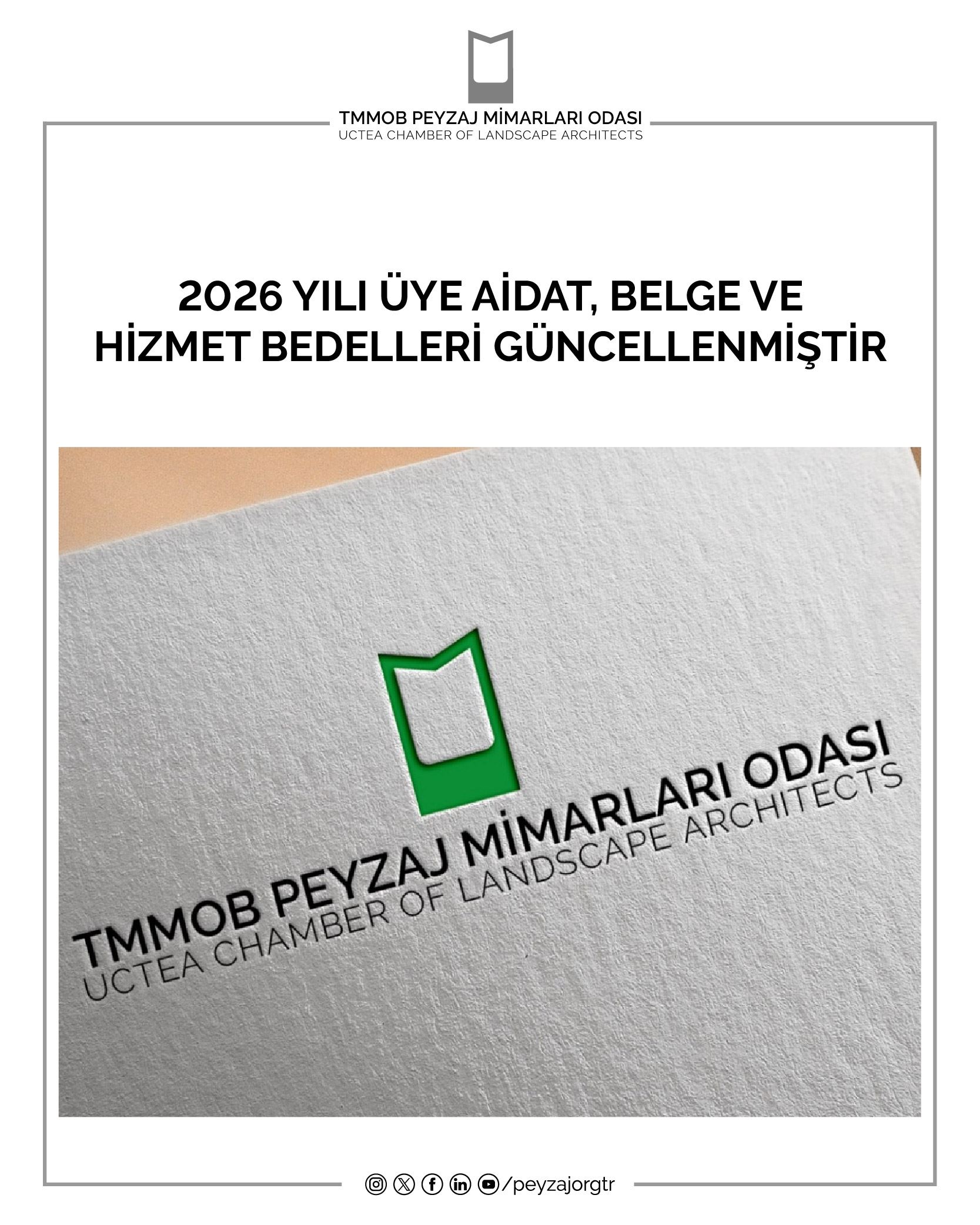 2026 YILI ÜYE AİDAT, BELGE VE HİZMET BEDELLERİ GÜNCELLENMİŞTİR