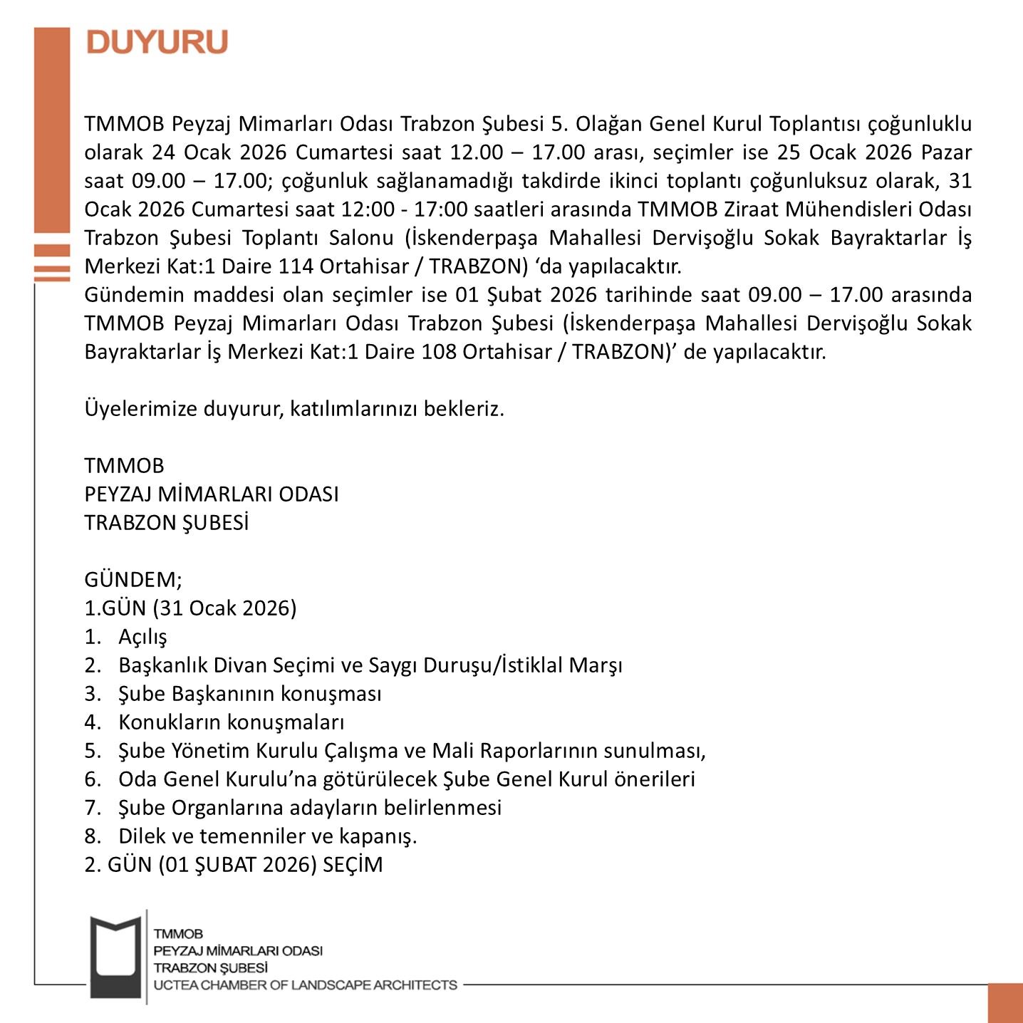 TMMOB PEYZAJ MİMARLARI ODASI  TRABZON ŞUBESİ  GENEL KURUL VE SEÇİM İLAN DUYURUSU