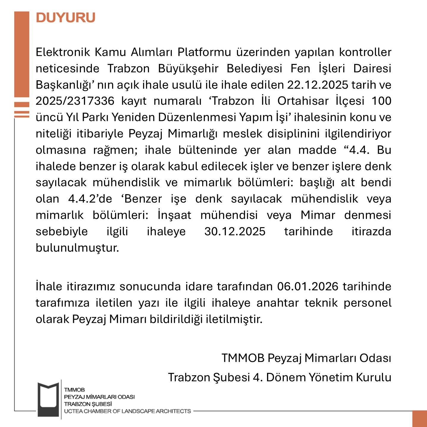 DUYURU | İHALE İTİRAZ SONUCU