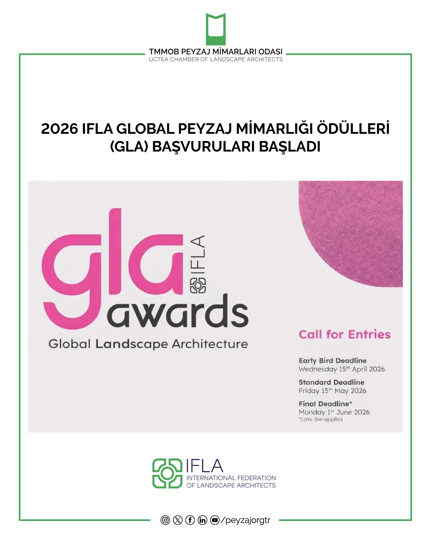 2026 IFLA GLOBAL PEYZAJ MİMARLIĞI ÖDÜLLERİ (GLA) BAŞVURULARI BAŞLADI