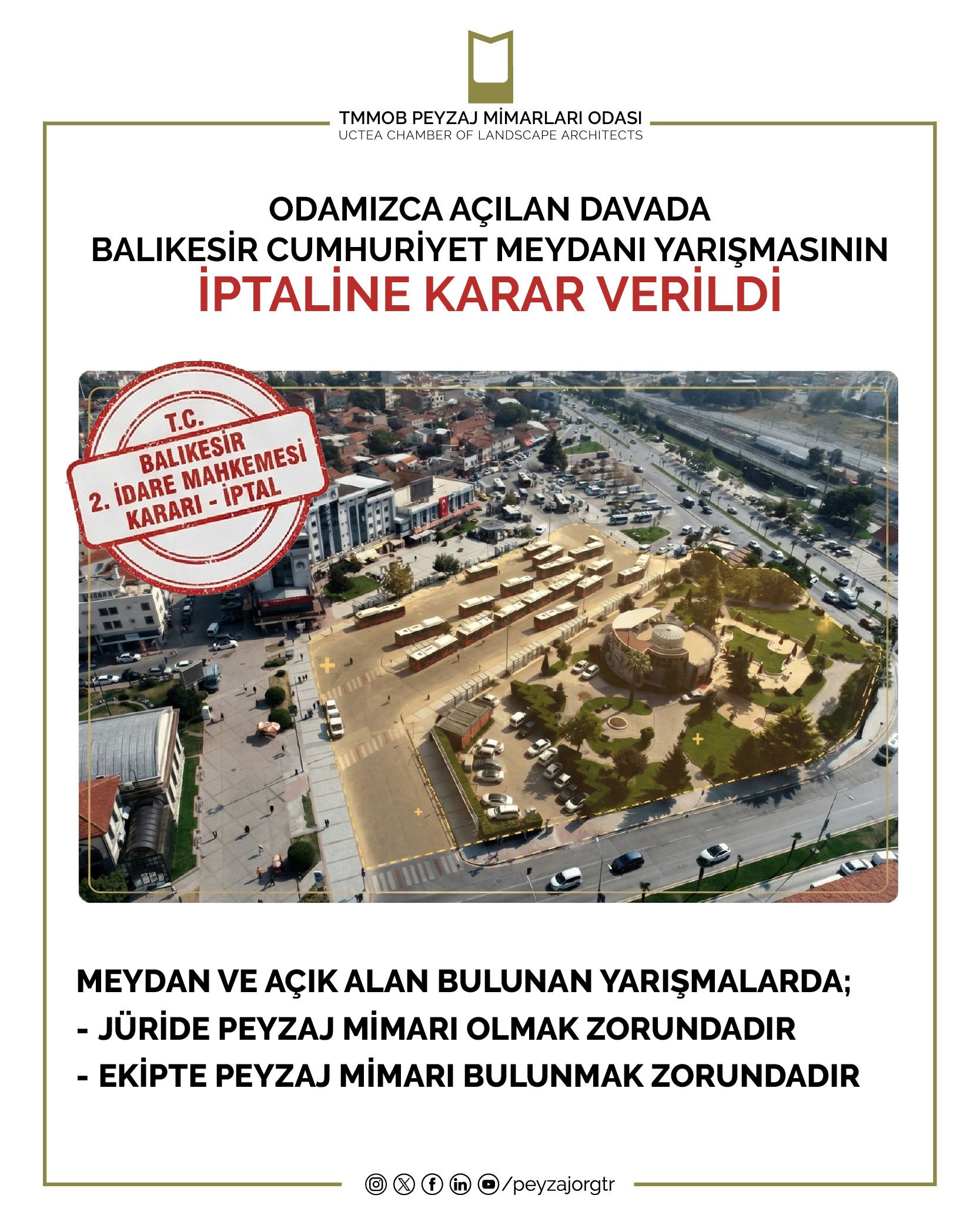 ODAMIZCA AÇILAN DAVADA BALIKESİR CUMHURİYET MEYDANI YARIŞMASININ İPTALİNE KARAR VERİLDİ