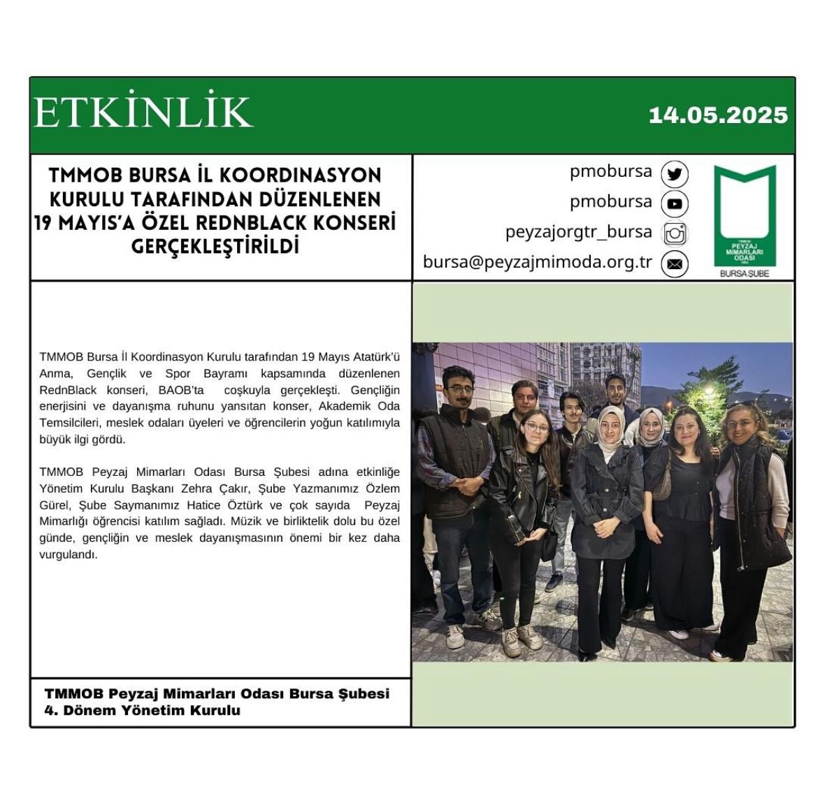 ETKİNLİK | TMMOB BURSA İL KOORDİNASYON KURULU TARAFINDAN DÜZENLENEN 19 MAYIS’A Özel REDNBLACK KONSERİ