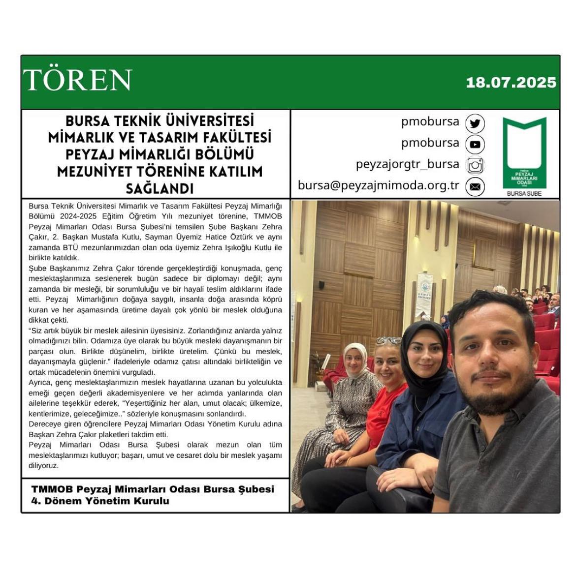 TÖREN | BURSA TEKNİK ÜNİVERSİTESİ MİMARLIK VE TASARIM FAKÜLTESİ PEYZAJ MİMARLIĞI BÖLÜMÜ MEZUNİYET TÖRENİ