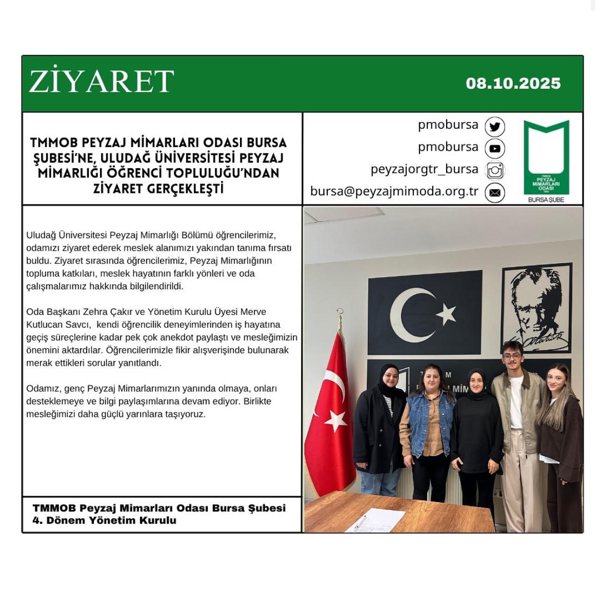 ZİYARET | TMMOB PEYZAJ MİMARLARI ODASI BURSA ŞUBESİ’NE, ULUDAĞ ÜNİVERSİTESİ PEYZAJ MİMARLIĞI ÖĞRENCİ TOPLULUĞU’NDAN ZİYARET GERÇEKLEŞTİ