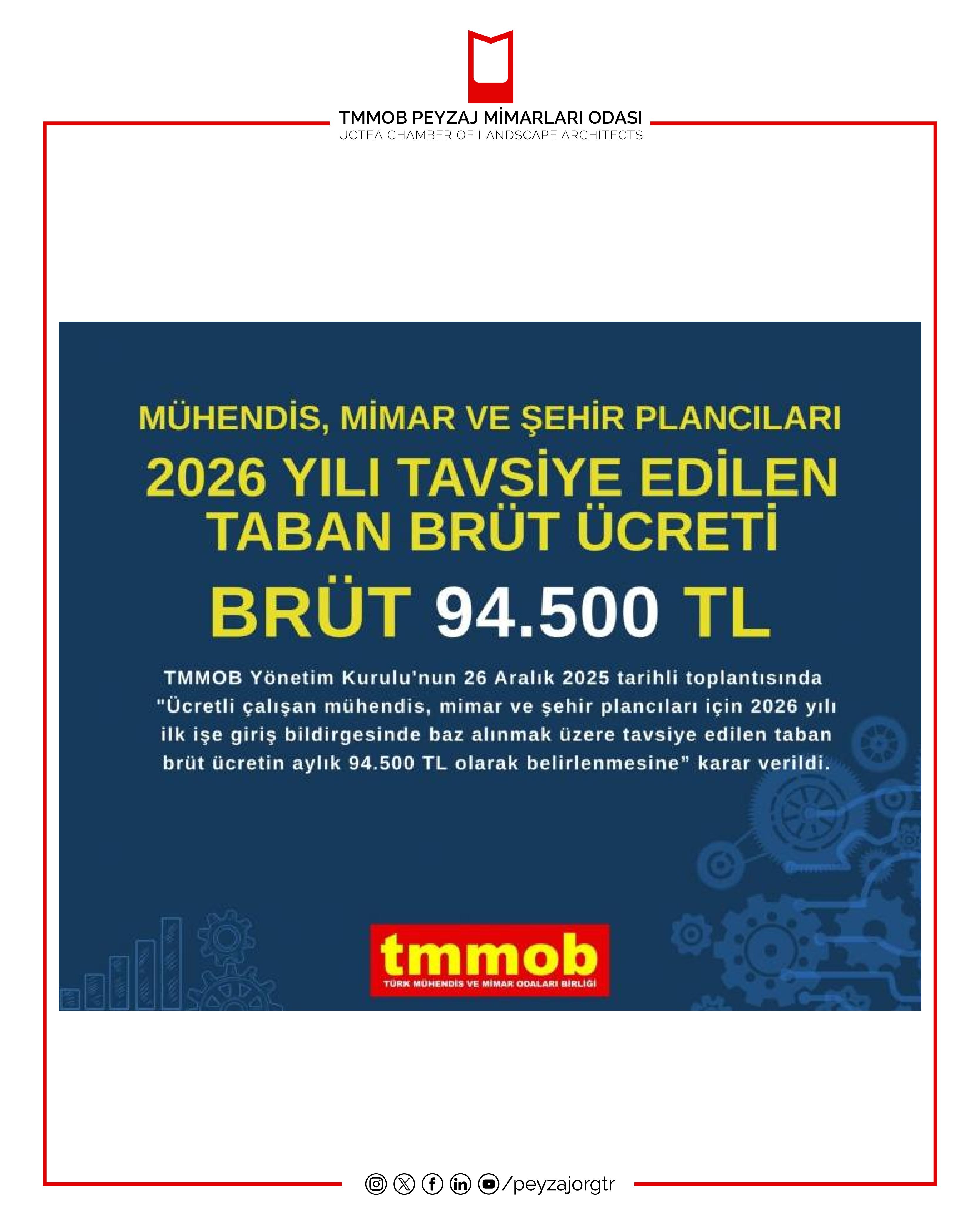 TMMOB | MÜHENDİS, MİMAR VE ŞEHİR PLANCILARI İÇİN 2026 YILI TAVSİYE EDİLEN TABAN BRÜT ÜCRETİ 94.500 TL OLARAK BELİRLENDİ