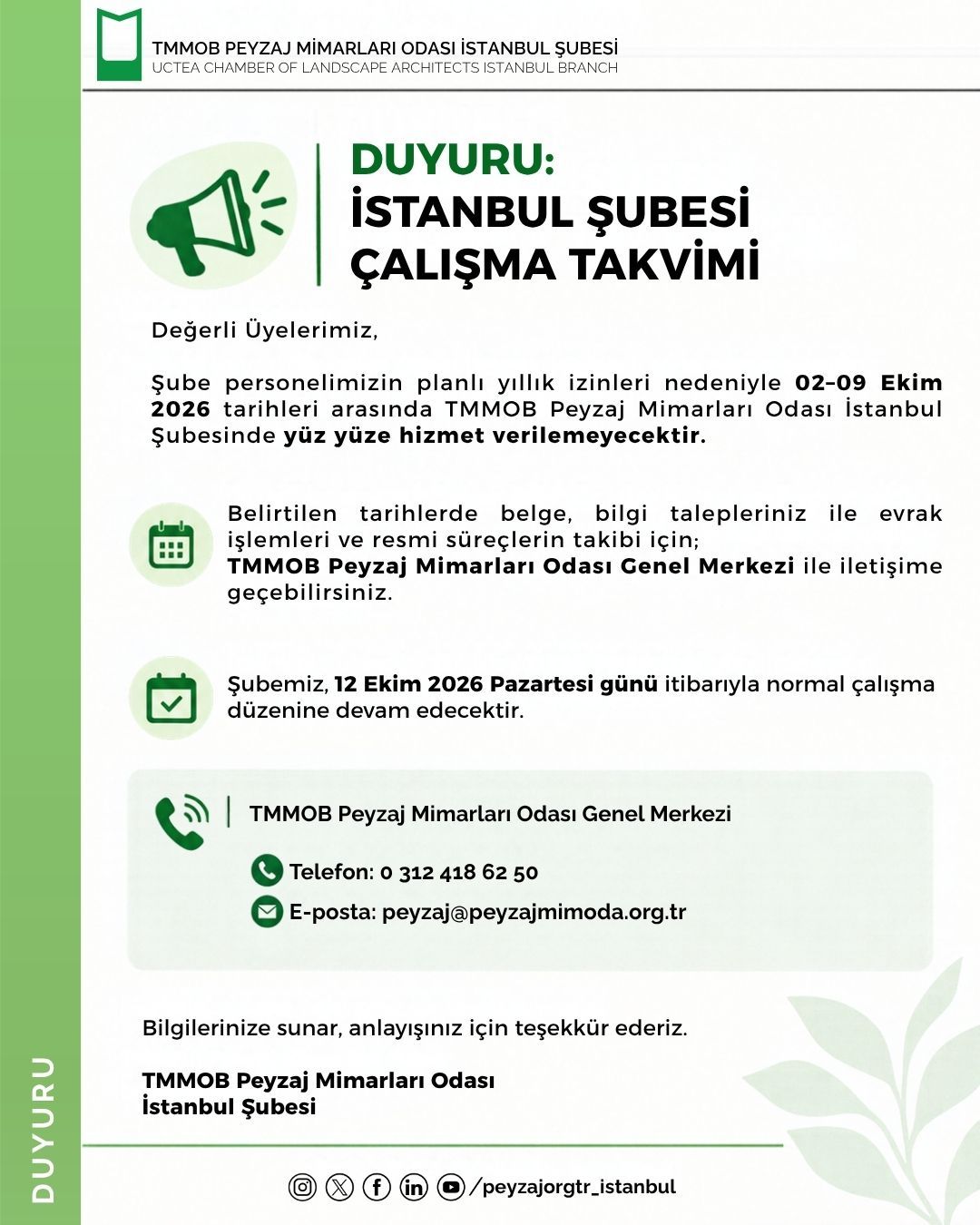 DUYURU: İSTANBUL ŞUBESİ ÇALIŞMA TAKVİMİ