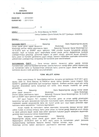 ÜYELERİMİZİN ÖZLÜK HAKLARI İLE İLGİLİ BİR HUKUK KAZANIMI DAHA