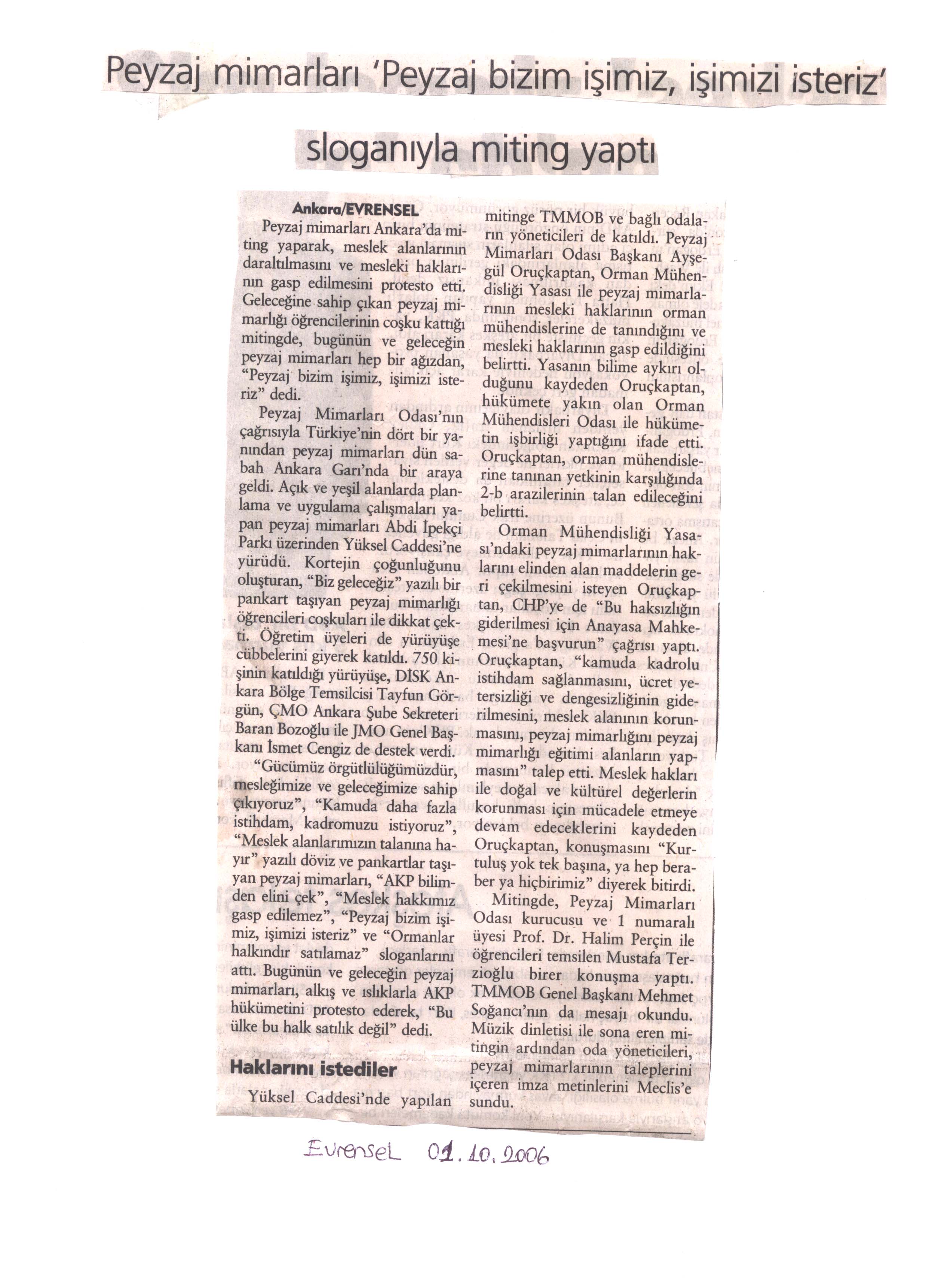 MESLEKLERİ İÇİN YÜRÜDÜLER! EVRENSEL 01.10.2006