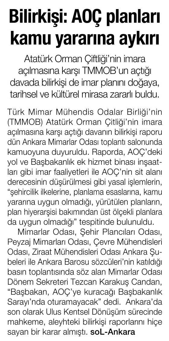 BİLİRKİŞİ: AOÇ PLANLARI KAMU YARARINA AYKIRI. SOL - 17.01.2013