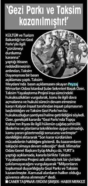 GEZİ PARKI VE TAKSİM KAZANILMIŞTIR - YURT GAZETESİ