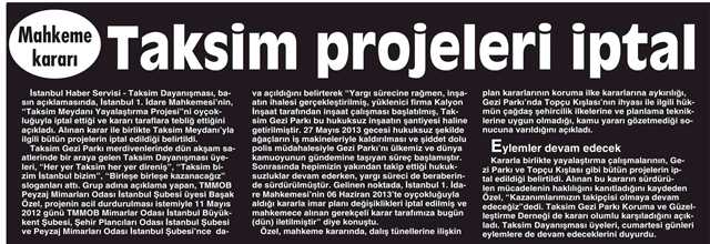 MAHKEME KARARI - TAKSİM PROJELERİ İPTAL - CUMHURİYET