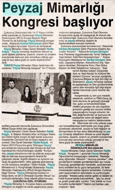 PEYZAJ MİMARLIĞI KONGRESİ BAŞLIYOR. 13.11.2013 - ADANA BÖLGE GAZETESİ