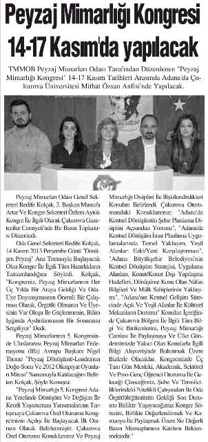 PEYZAJ MİMARLIĞI KONGRESİ 14-17 KASIMDA YAPILACAK / 13.11.2013 - YENİ ADANA