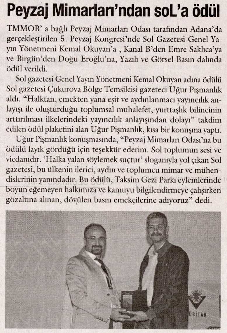 PEYZAJ MİMARLARI`NDAN SOL`A ÖDÜL - 15.11.2013 / SOL GAZETESİ
