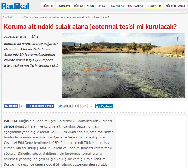 KORUMA ALTINDAKİ SULAK ALANA JEOTERMAL TESİSİ Mİ KURULACAK? 10.03.2015 / RADİKAL