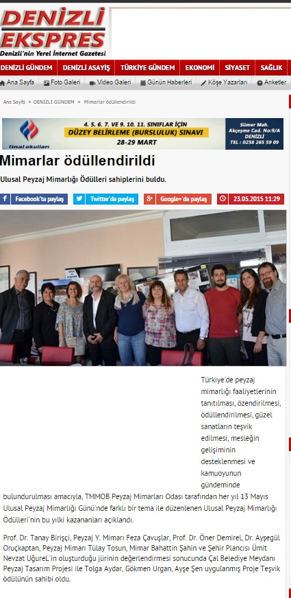 MİMARLAR ÖDÜLLENDİRİLDİ 23.05.2015 / DENİZLİ EKSPRES