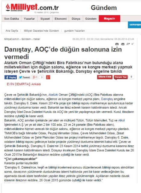 DANIŞTAY, AOÇ’DE DÜĞÜN SALONUNA İZİN VERMEDİ 09.06.2015 / MİLLİYET