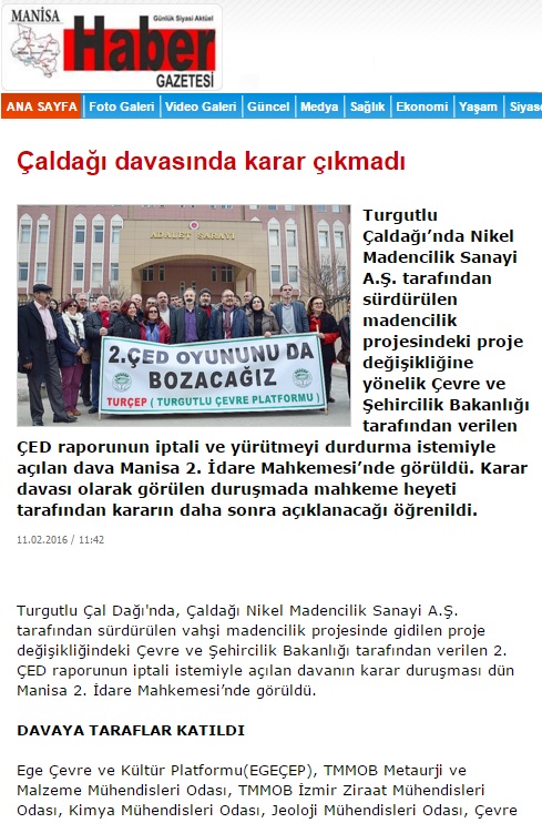 ÇALDAĞI DAVASINDA KARAR ÇIKMADI 11.02.2016 / MANİSA HABER GAZETESİ