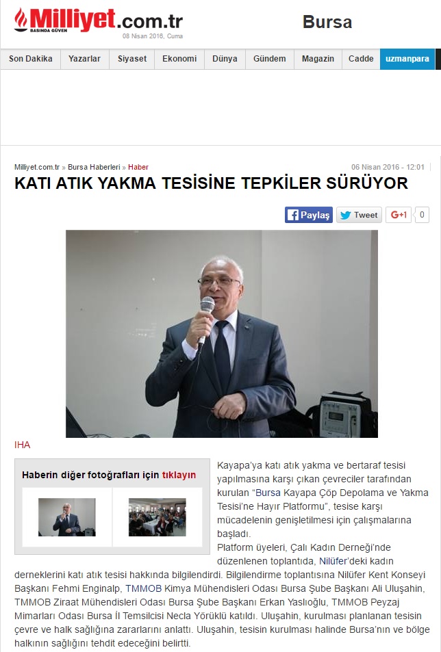 KATI ATIK YAKMA TESİSİNE TEPKİLER SÜRÜYOR 06.04.2016 / MİLLİYET