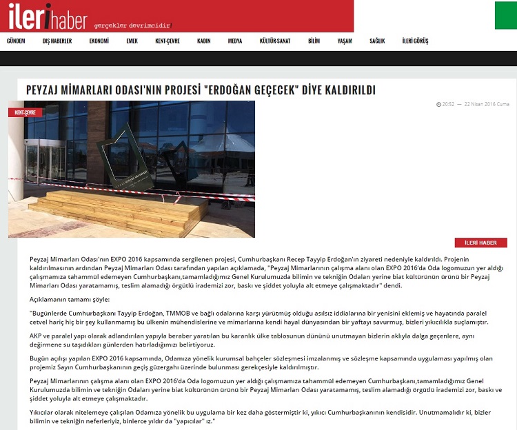 PEYZAJ MİMARLARI ODASI`NIN PROJESİ "ERDOĞAN GEÇECEK" DİYE KALDIRILDI 22.04.2016 İLERİ HABER