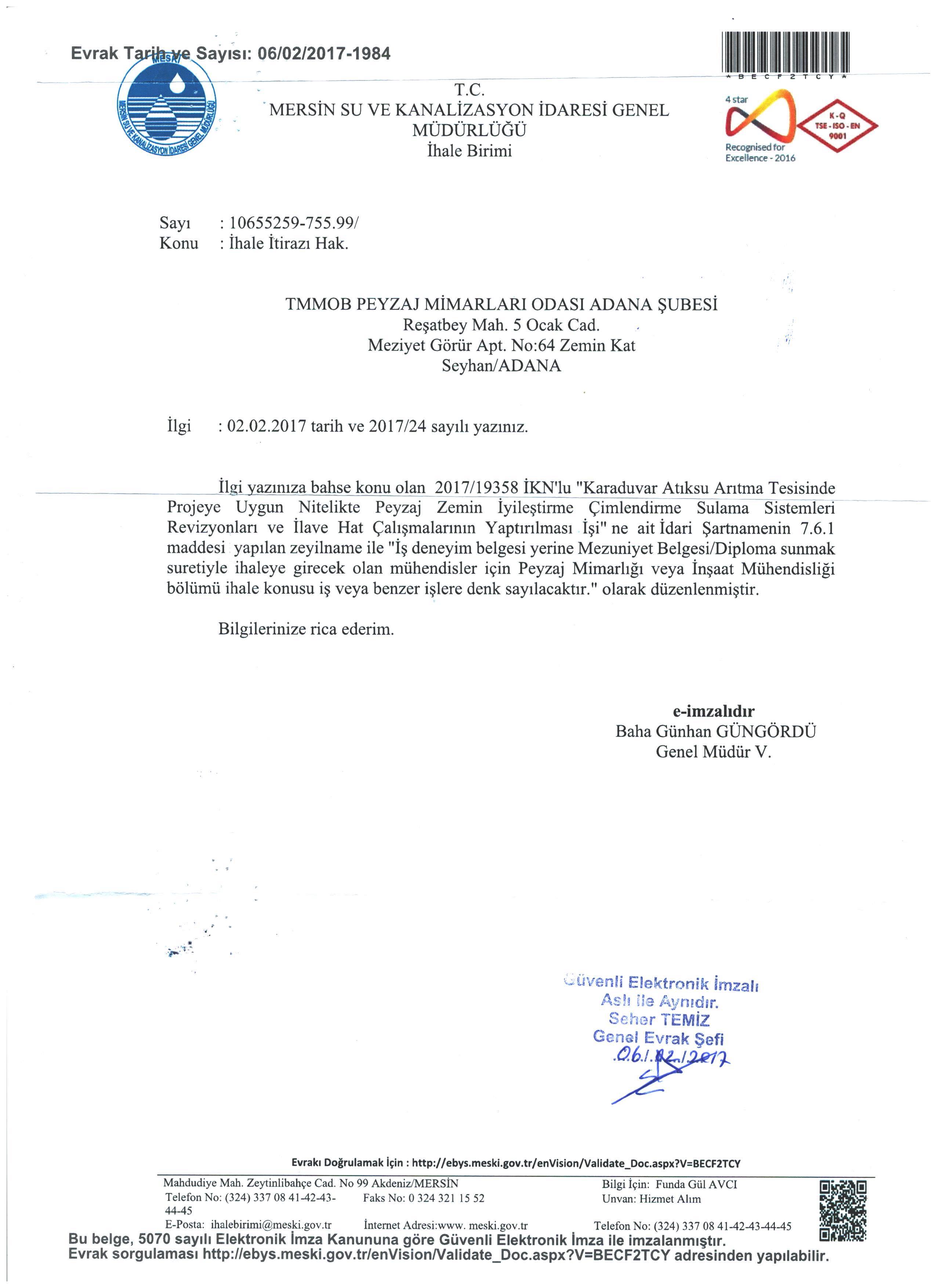 ZEYİLNAME YAYINLANDI: "KARADUVAR ATIKSU ARITMA TESİSİNDE PROJEYE UYGUN NİTELİKTE PEYZAJ ZEMİN İYİLEŞTİRME ÇİMLENDİRME SULAMA SİSTEMLERİ REVİZYONLARI VE İLAVE HAT ÇALIŞMALARININ YAPTIRILMASI İŞİ"  