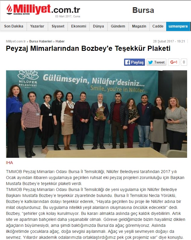 PEYZAJ MİMARLARINDAN BOZBEY`E TEŞEKKÜR PLAKETİ 28.02.2017 / MİLLİYET