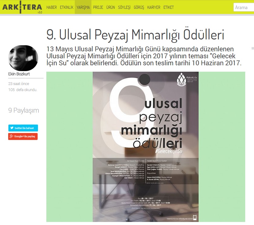 9. ULUSAL PEYZAJ MİMARLIĞI ÖDÜLLERİ 09.05.2017 / ARKİTERA