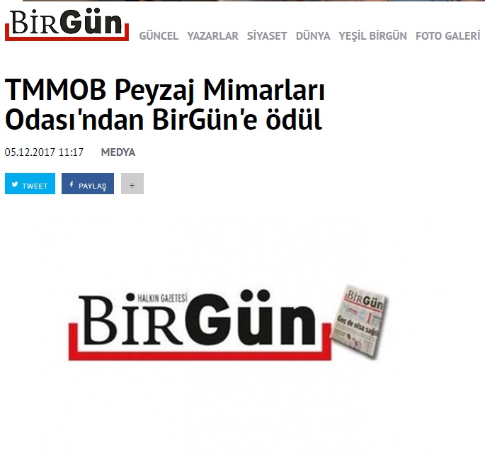 TMMOB PEYZAJ MİMARLARI ODASI`NDAN BİRGÜN`E ÖDÜL 05.12.2017 / BİRGÜN