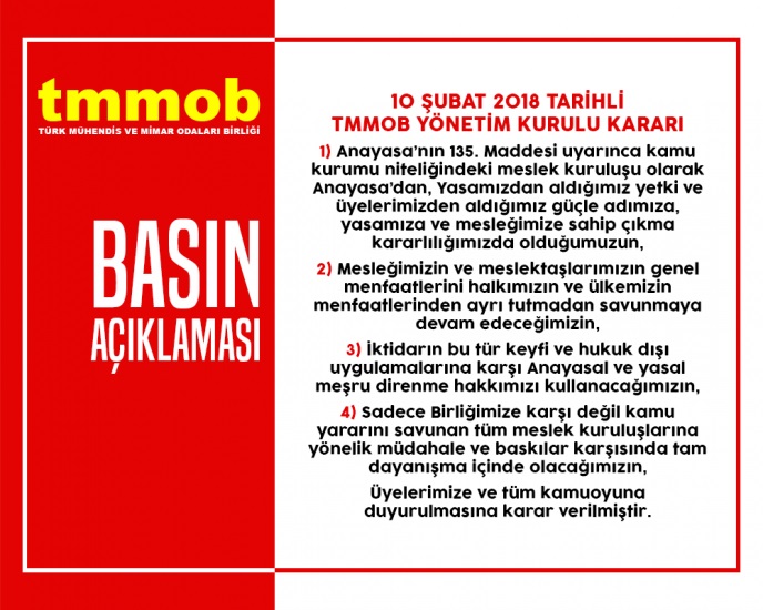 10 ŞUBAT 2018 TARİHLİ TMMOB YÖNETİM KURULU KARARI