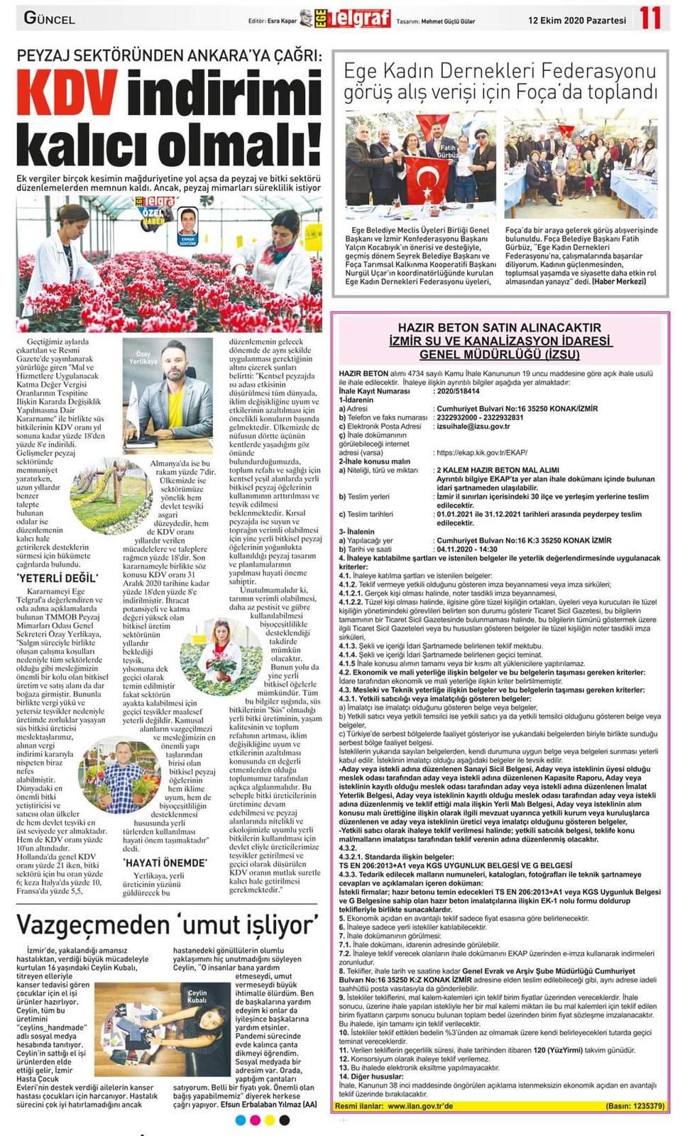 "KDV İNDİRİMİ KALICI OLMALI!" 12.10.2020 EGE TELGRAF