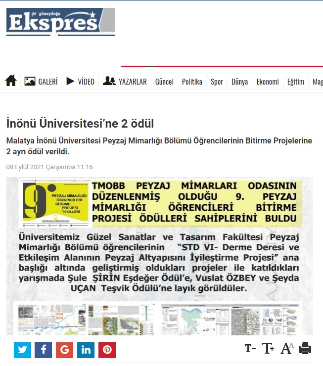 İNÖNÜ ÜNİVERSİTESİ'NE 2 ÖDÜL 08.09.2021 / GÜNEYDOĞU EKSPRES