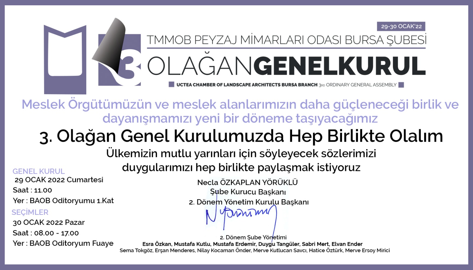 TMMOB PEYZAJ MİMARLARI ODASI BURSA ŞUBESİ 3. OLAĞAN GENEL KURUL DAVETİ