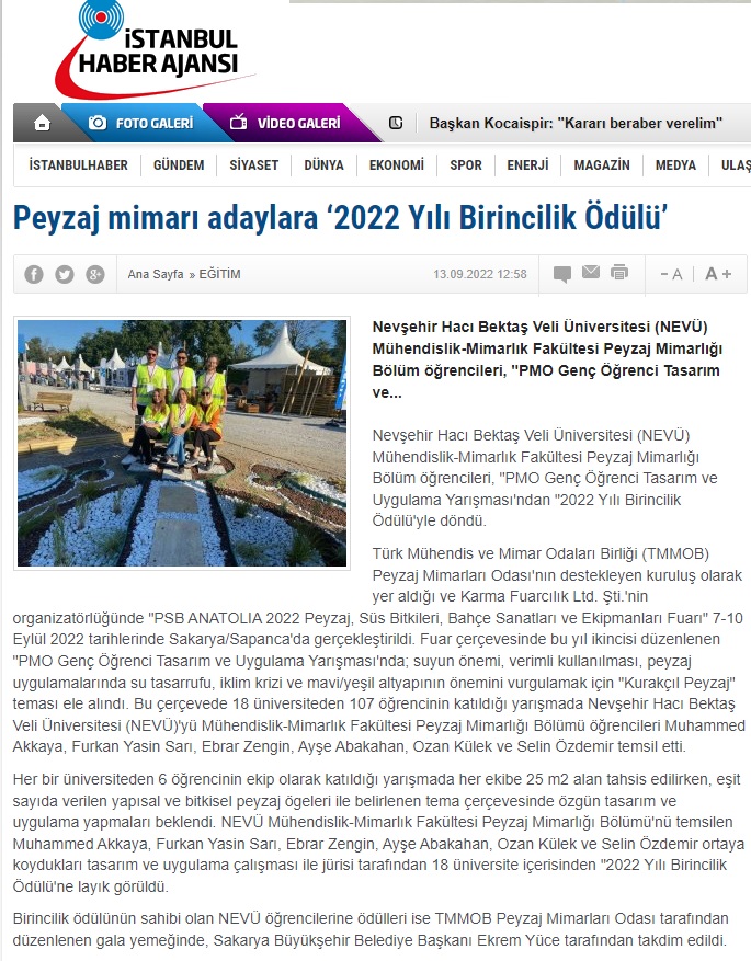 PEYZAJ MİMARI ADAYLARA 2022 YILI BİRİNCİLİK ÖDÜLÜ' 13.09.2022 / İSTANBUL HABER AJANSI