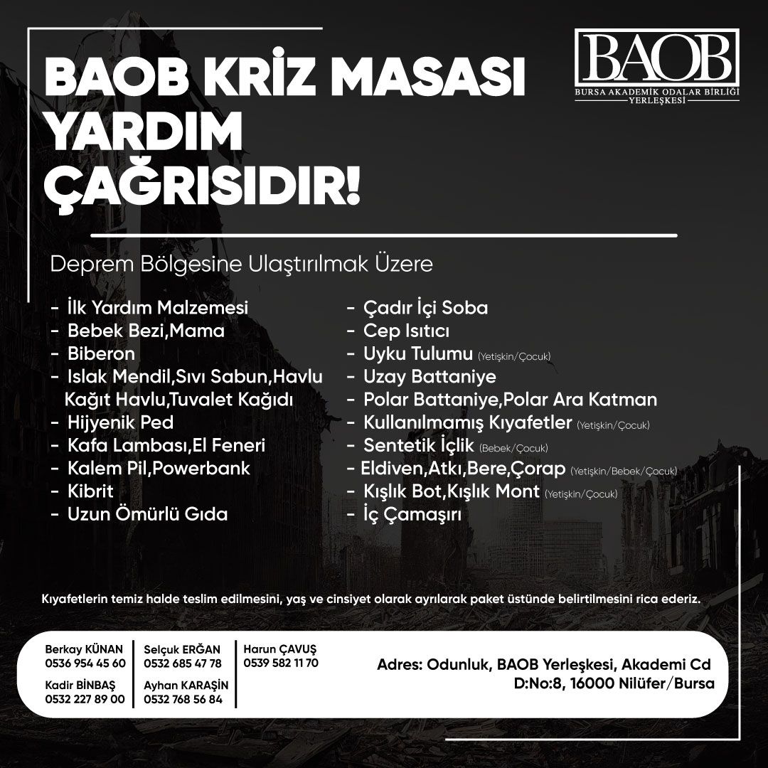 BURSA AKADEMİK ODALAR BİRLİĞİ (BAOB) BÜNYESİNDE KRİZ MASASI KURULMUŞTUR.