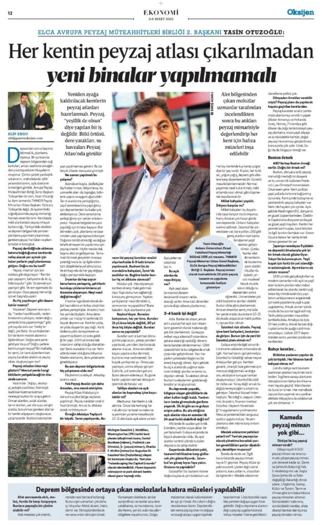 HER KENTİN PEYZAJ ATLASI ÇIKARILMADAN YENİ BİNALAR YAPILMAMALI 03.03.2023 / GAZETE OKSİJEN