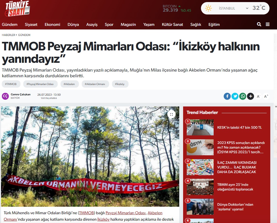 TMMOB PEYZAJ MİMARLARI ODASI: "İKİZKÖY HALKININ YANINDAYIZ" 26.07.2023 / TÜRKİYE SAATİ