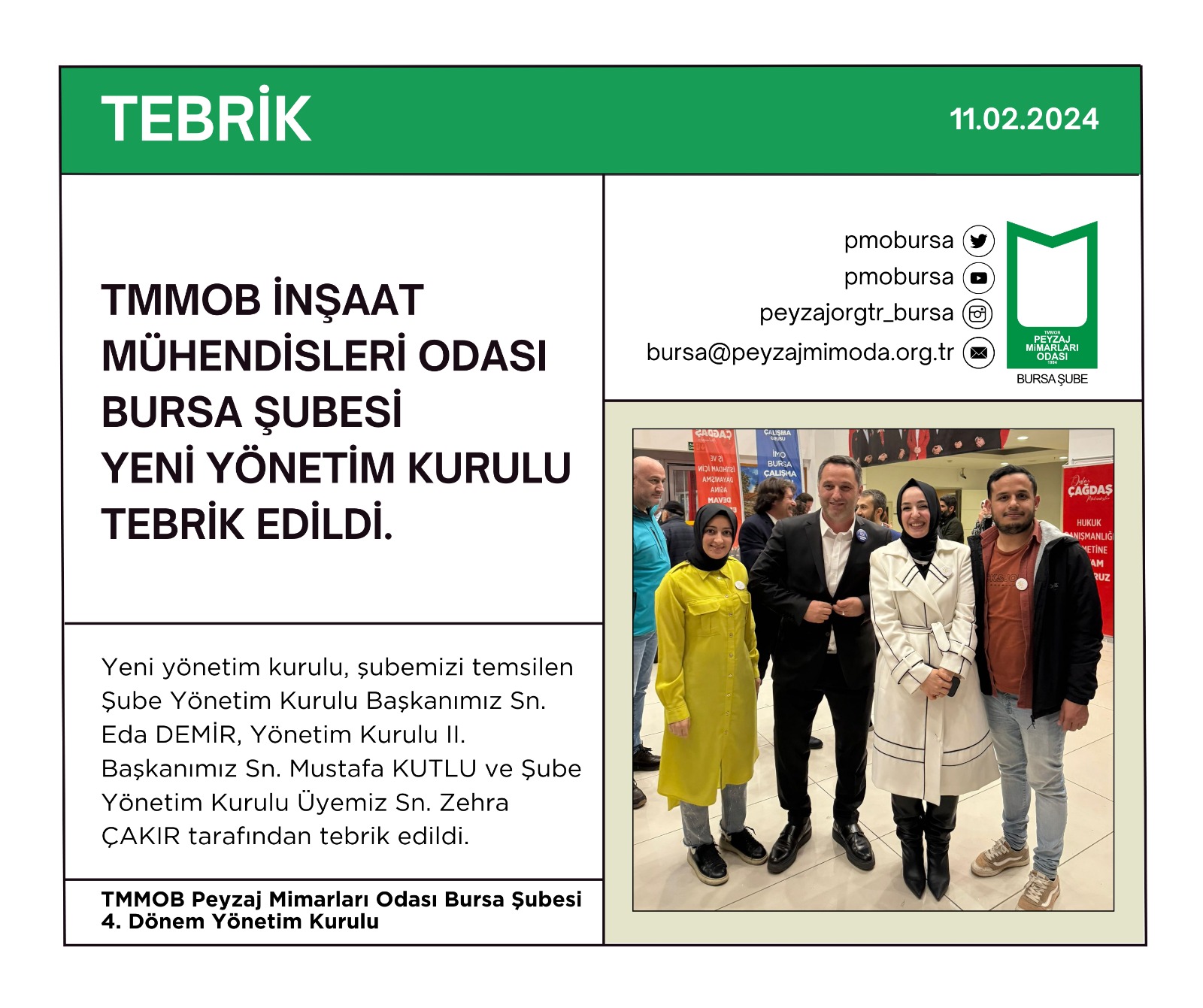TEBRİK | TMMOB İNŞAAT MÜHENDİSLERİ ODASI BURSA ŞUBESİ'NİN YENİ YÖNETİM KURULU TEBRİK EDİLDİ.