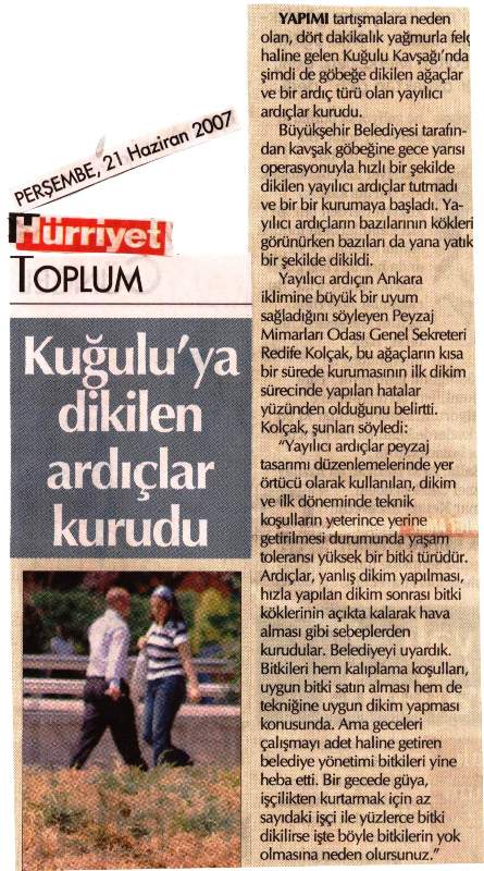 HÜRRİYET ANKARA 22.06.2007 "KUĞULU' YA DİKİLEN ARDIÇLAR KURUDU"
