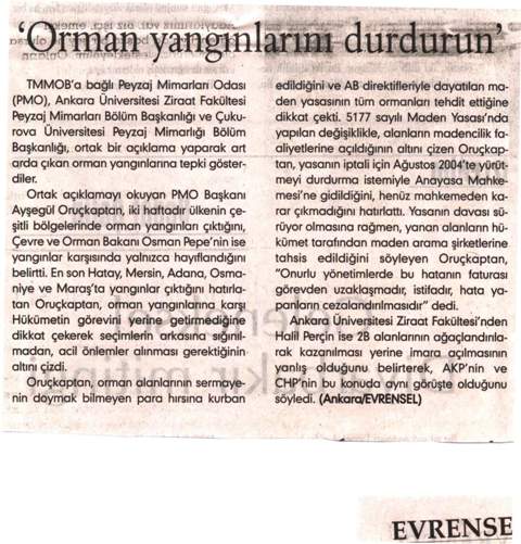 EVRENSEL 20.07.2007 "ORMAN YANGINLARINI DURDURUN"