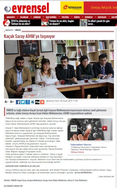 KAÇAK SARAY AİHM’YE TAŞINIYOR 06.04.2015 / EVRENSEL